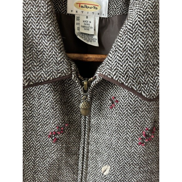 Talbots Vest Petite Small Zip Up Wool Blend Herringbone Leaves Acorn Preppy - Picture 3 of 11